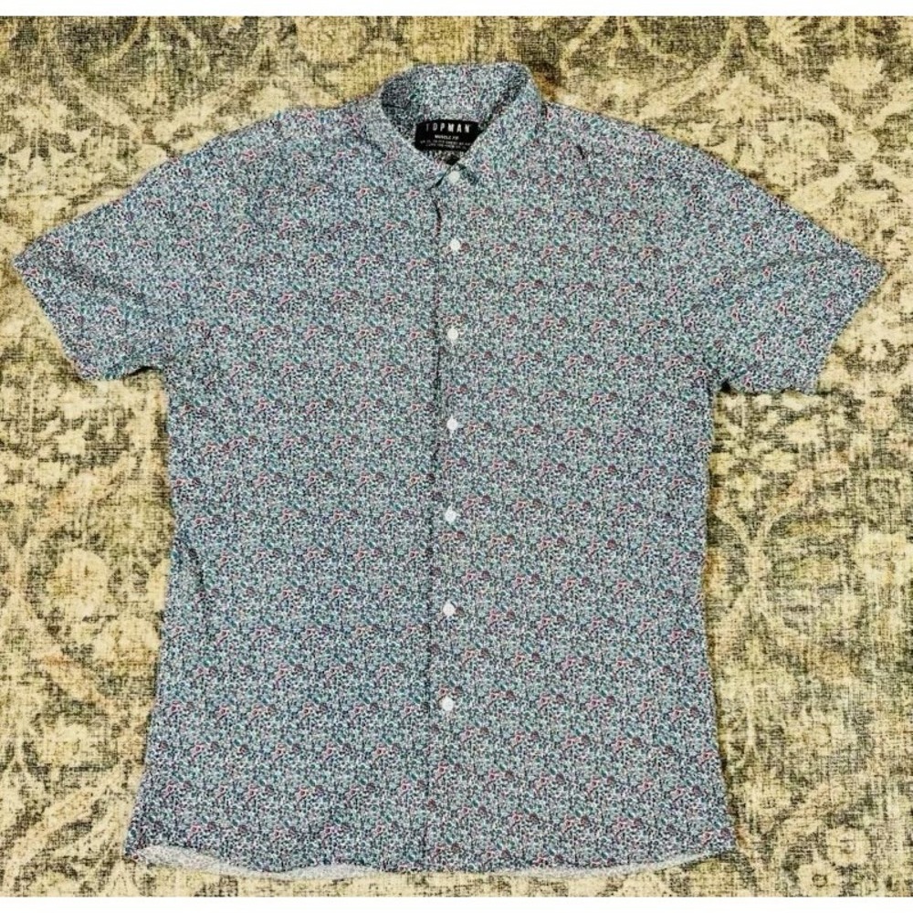 Topman Floral Button Down Muscle Fit Shirt Men's  XL Short Sleeve 98% Cotton B8‎